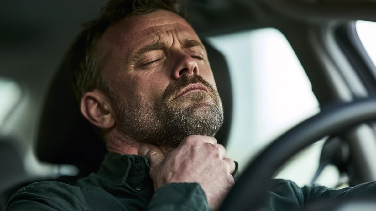 Man humming quietly while sitting in a parked car with the engine off