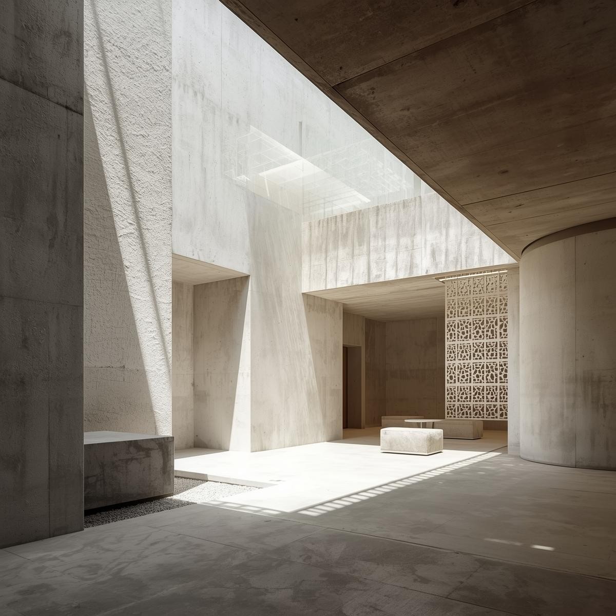 a room showcasing modern courtyard with soft lighting