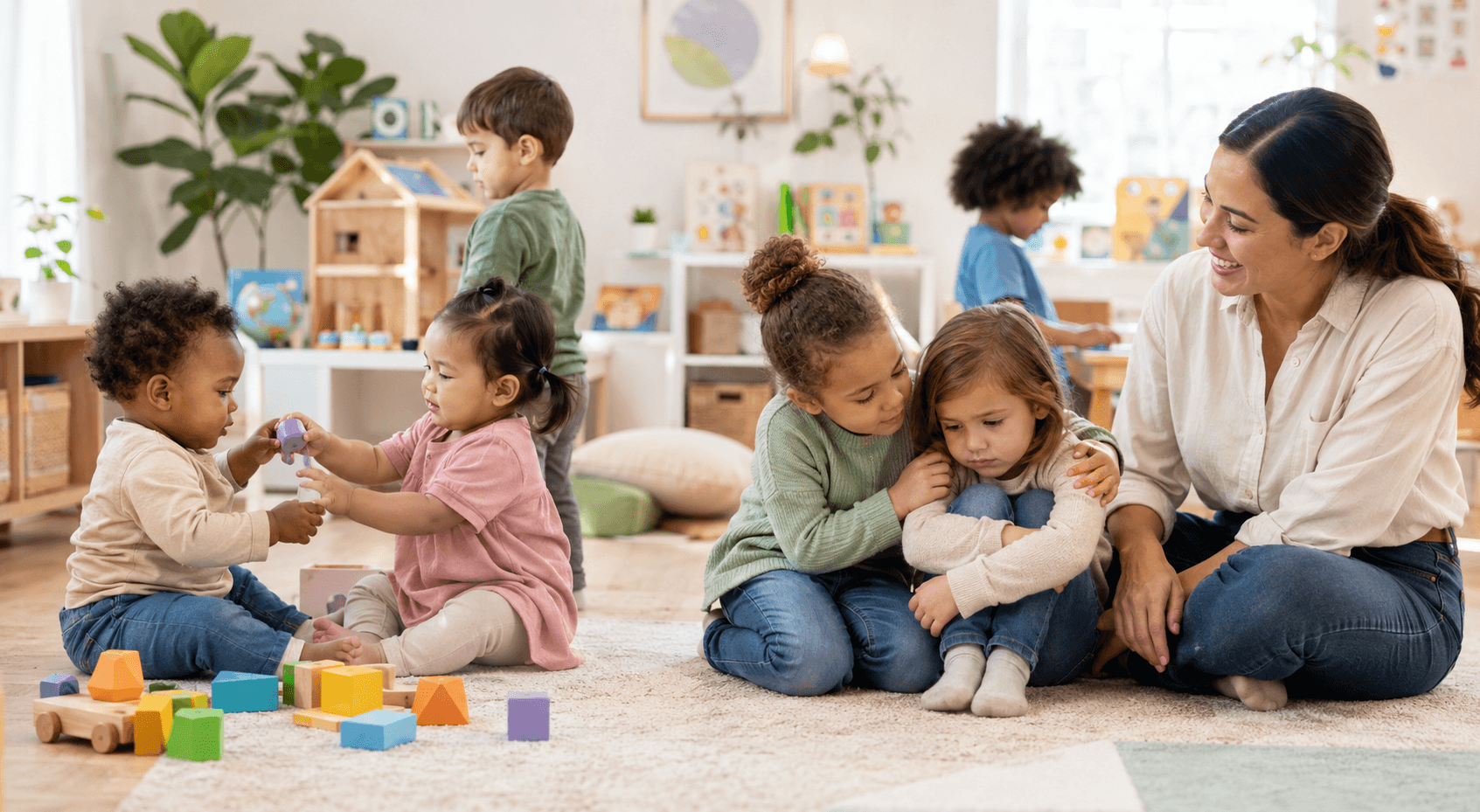 Young children in an early learning classroom practicing sharing, turn-taking, and emotional expression with teacher support.