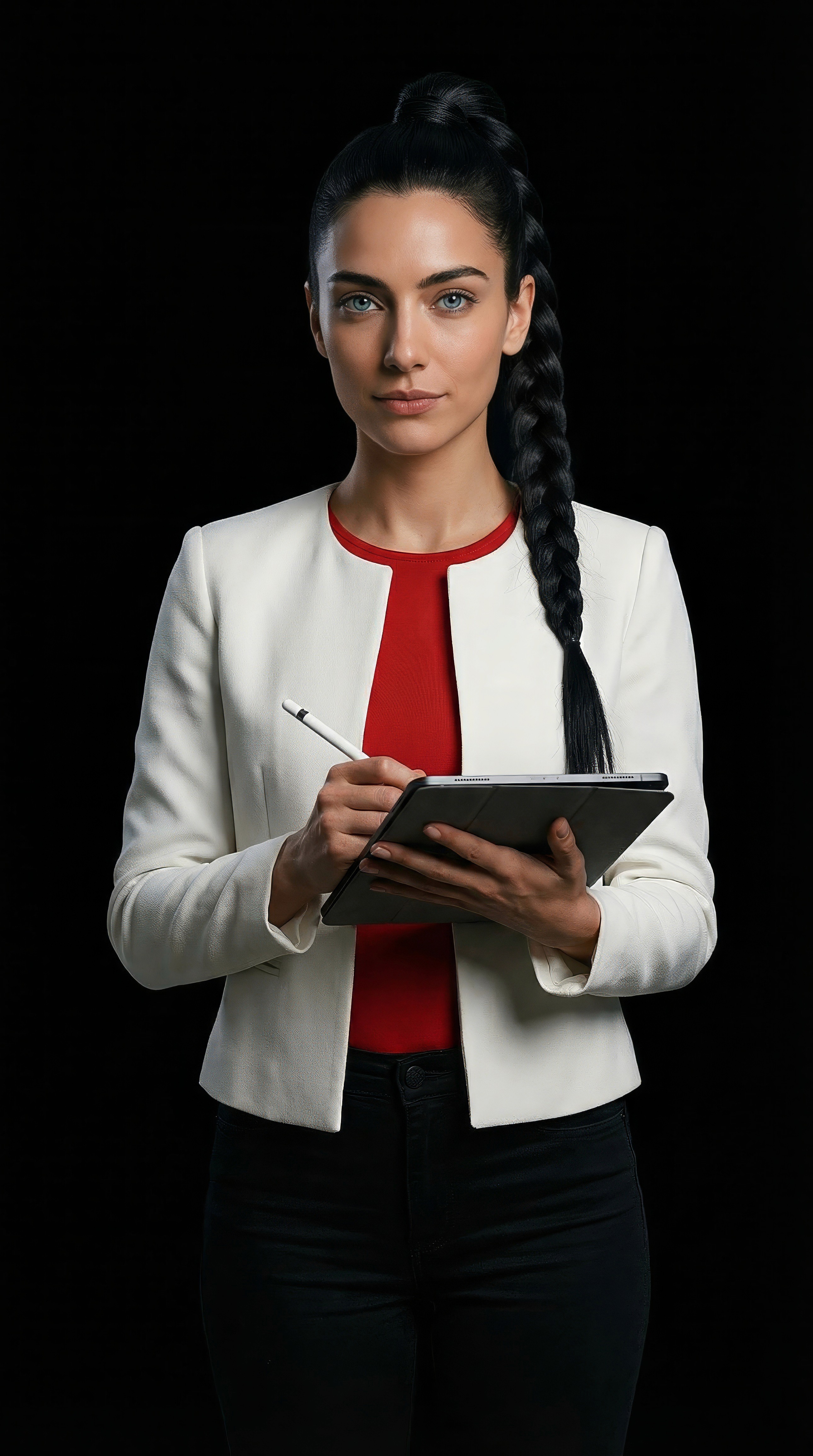 Porträt einer digitalen KI-Persona in einem futuristischen Raumanzug in Schwarz, Weiß und Rot, die für strategische Führung und Supervision steht.