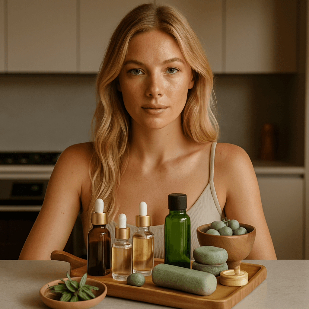 25 year old blonde woman, sat in a modern room with beauty and skincare products on the table