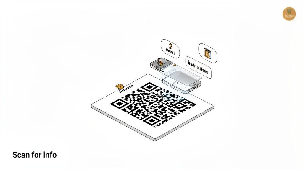 An illustration showing a smartphone scanning a QR code for menu and instructions, with 'Scan for info' text.