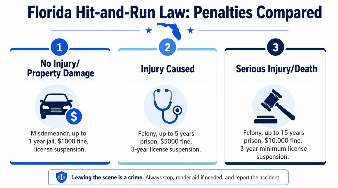 An infographic showing Florida hit-and-run legal penalties for property damage, injury, and serious injury or death.