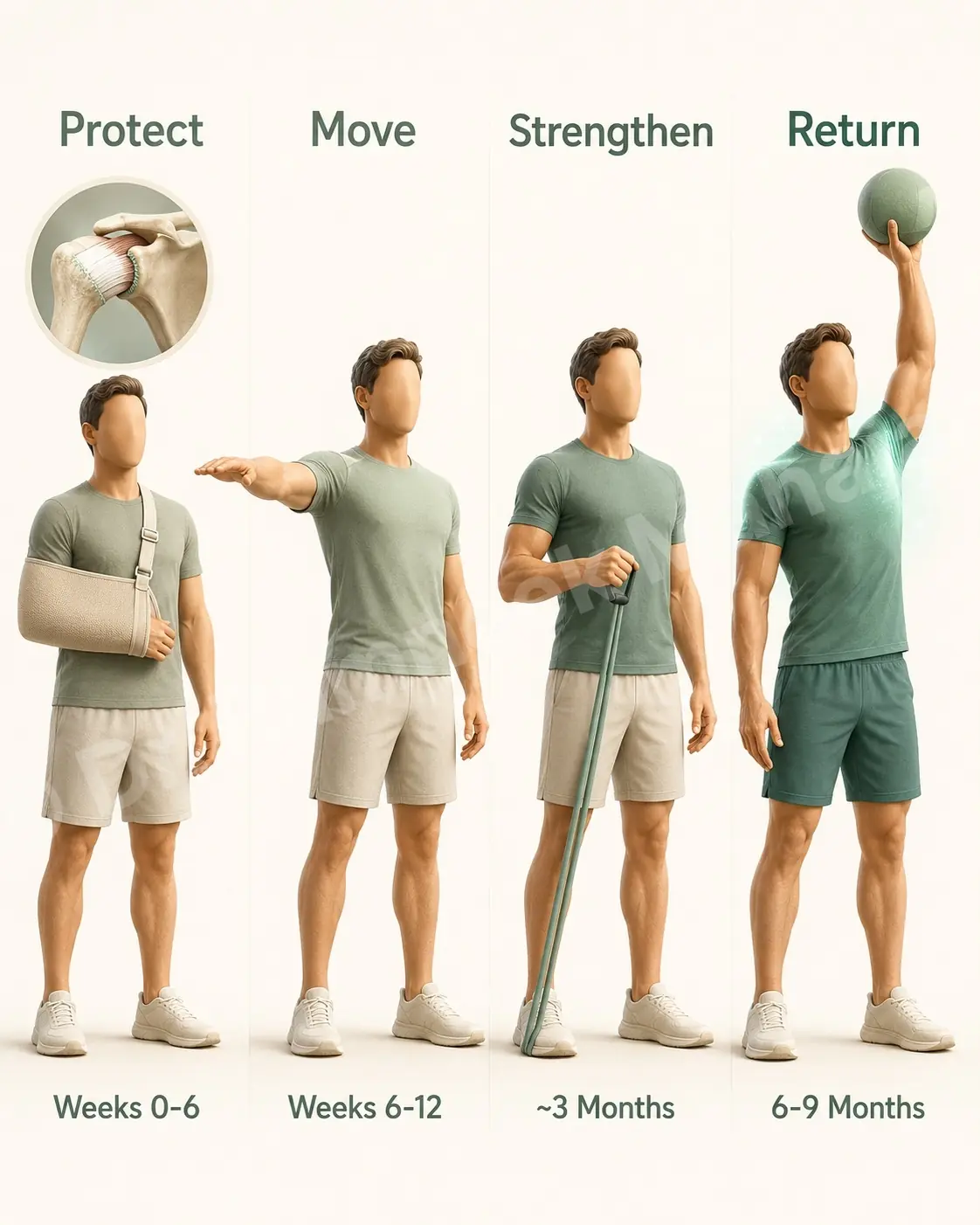 Rotator cuff recovery runs over months: protect in a sling, rebuild movement, strengthen, then return by six to nine months.