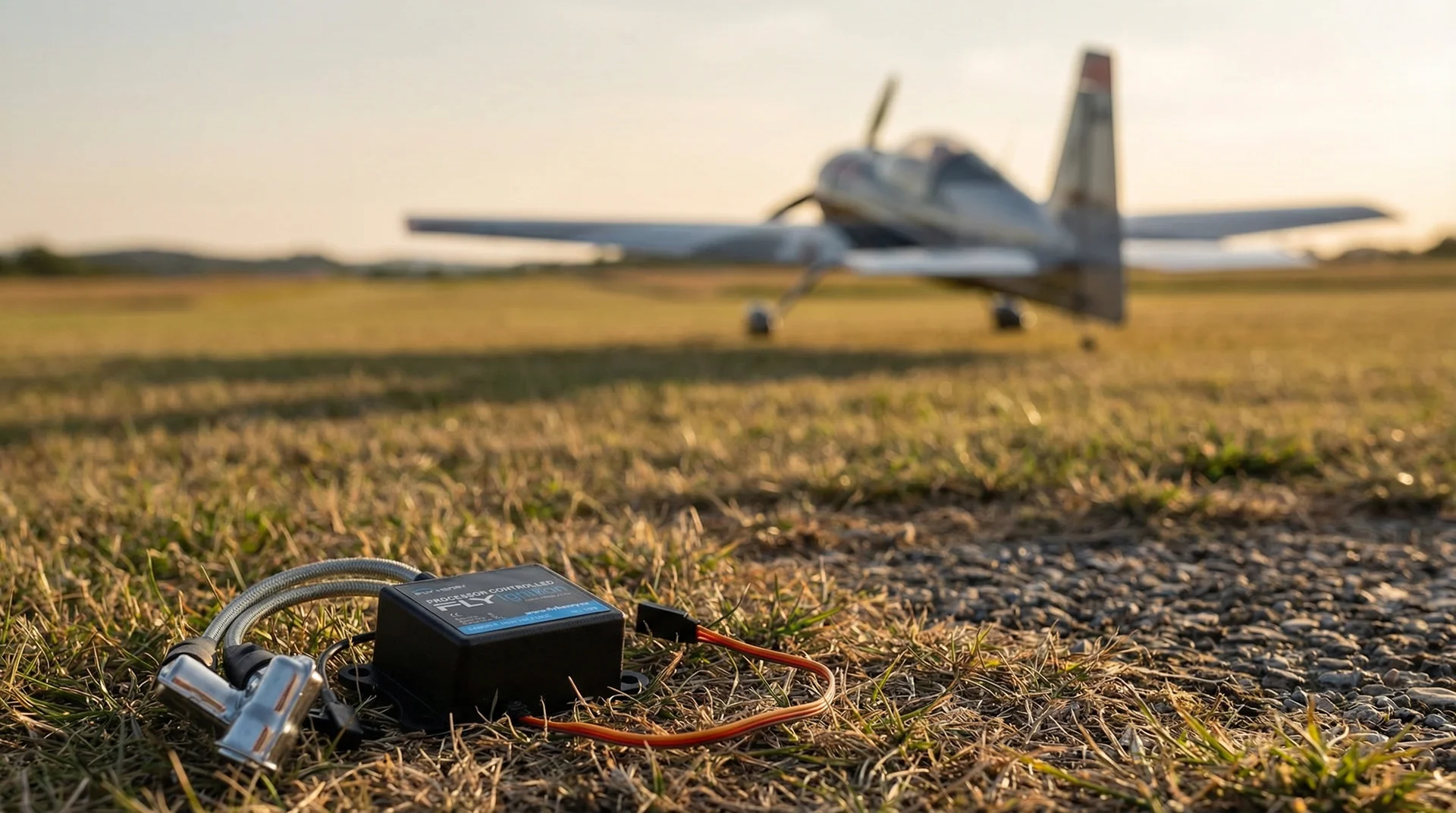 Fly Henry Electronic Ignition in front of an aircraft on a field.