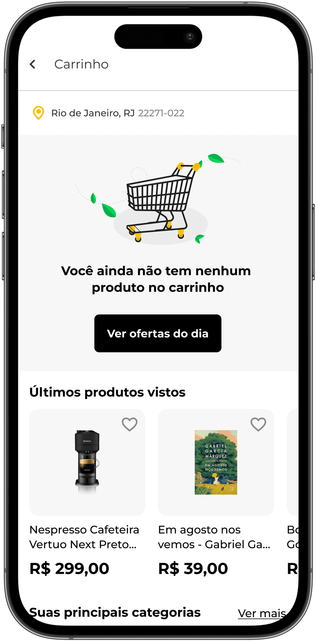 Página de carrinho vazia, motra trilho de produtos personalizados de acordo com o histórico de busca do usuário, principais categorias e ofertas do dia, incentivando novas compras