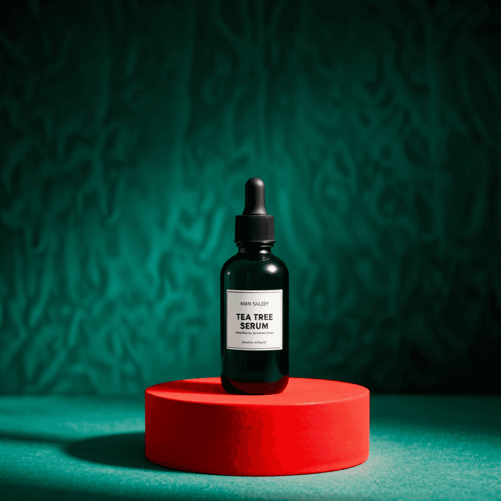 product photography of a bottle of tea tree serum for skincare
