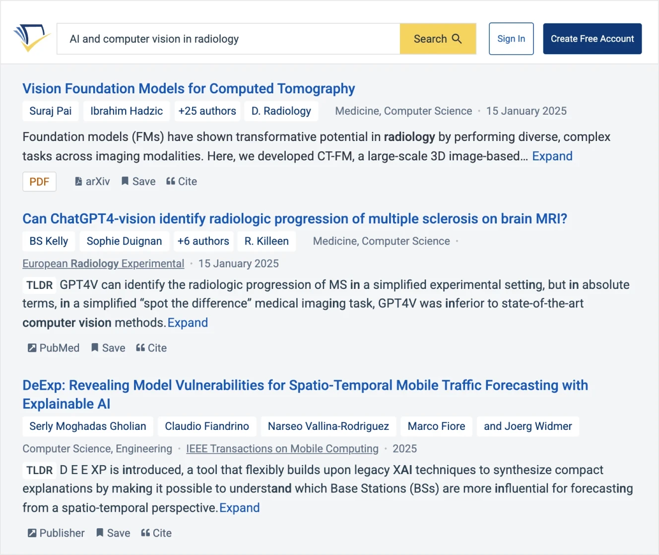 A search result page from an academic AI-powered search engine listing papers on AI and computer vision in radiology