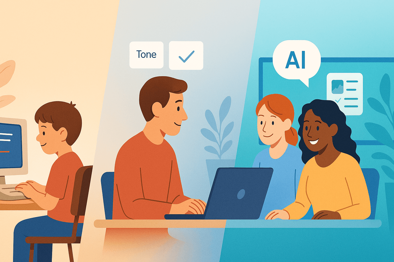 A three-panel cartoon-style illustration showing the evolution of a person growing with technology. In the left panel, a young boy with brown hair faces an old desktop computer, learning to type. In the middle panel, the same person as an adult types on a modern laptop with writing suggestion bubbles floating above. In the right panel, the grown man collaborates with two women—one with ginger hair in a low ponytail and one with black wavy hair—in front of a large screen displaying AI icons, representing modern AI-powered authoring tools. The background transitions with a futuristic gradient from past to present.
