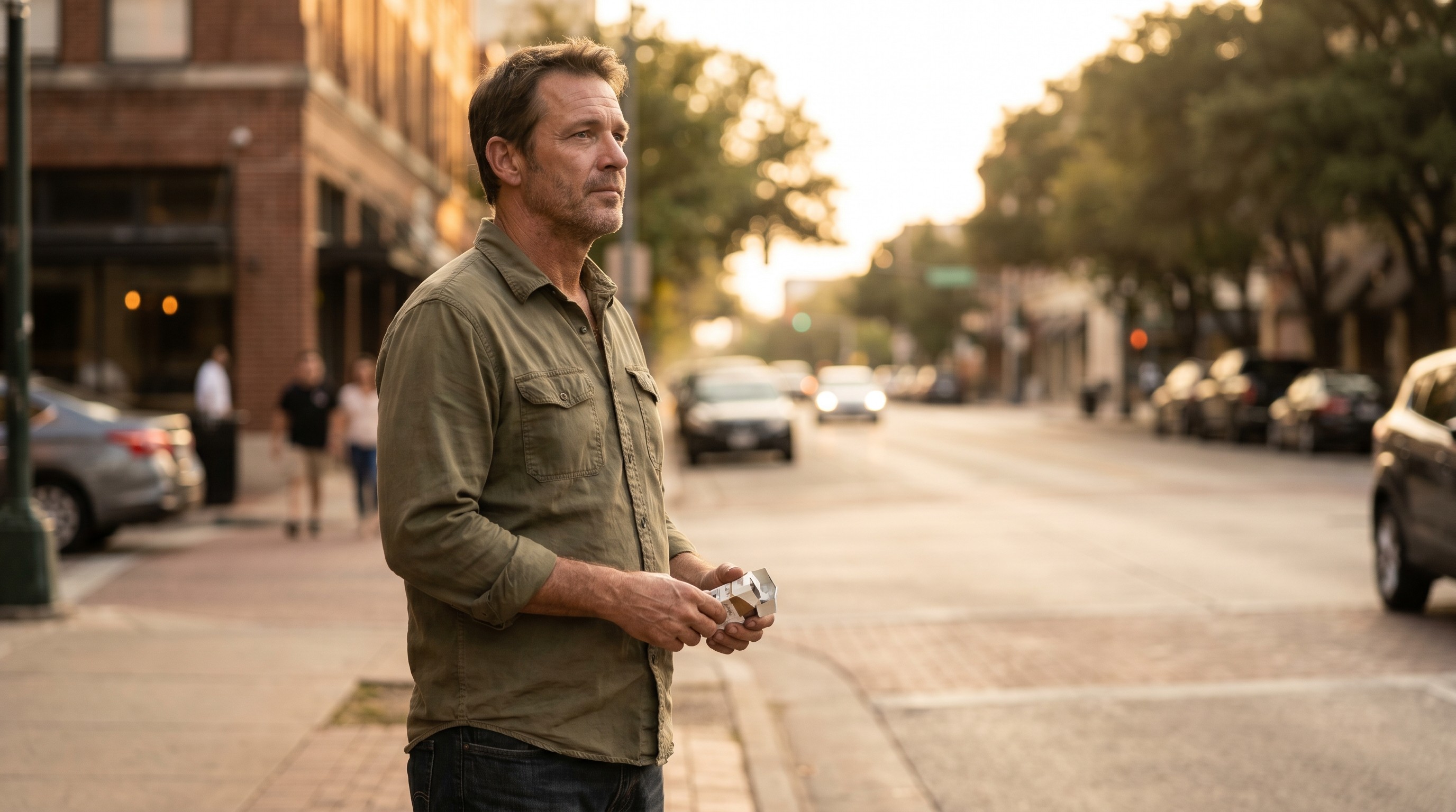 Middle-aged man outdoors at golden hour holding an empty cigarette pack with a thoughtful expression