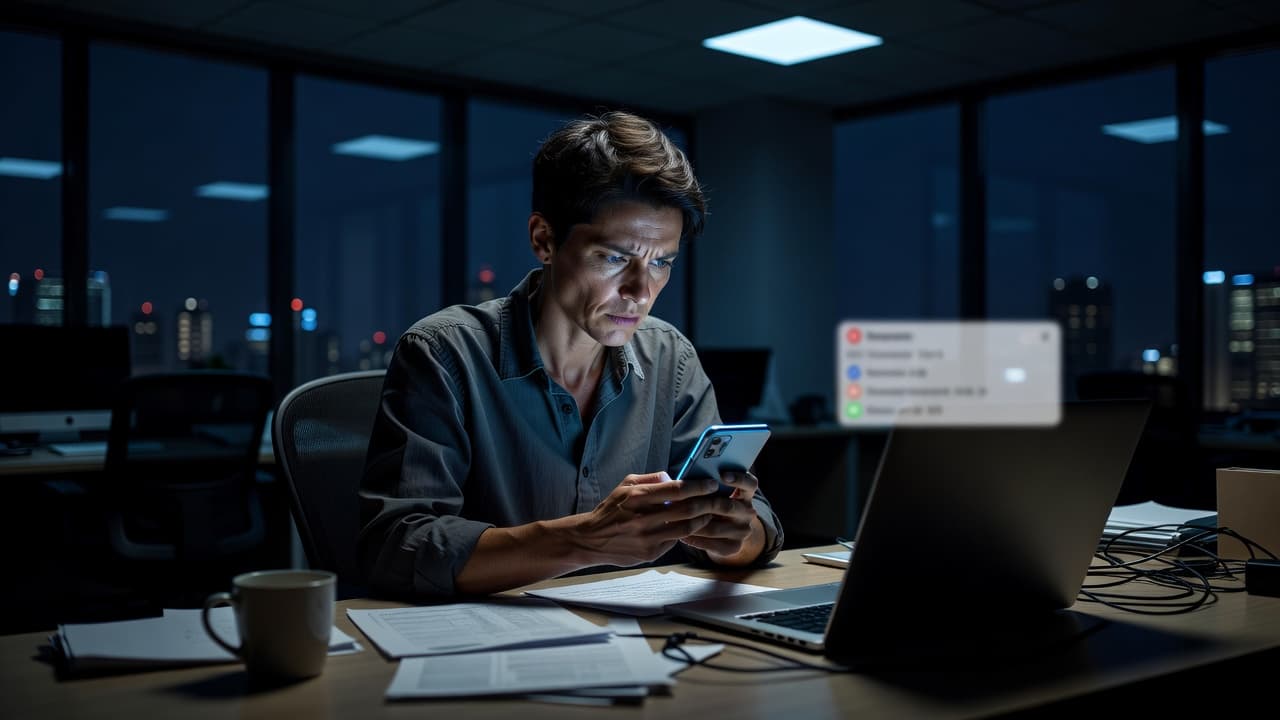 A focused professional sits at a dimly lit desk in a deep blue workspace, staring intently at a smartphone screen with an annoyed expression while a laptop remains open nearby.