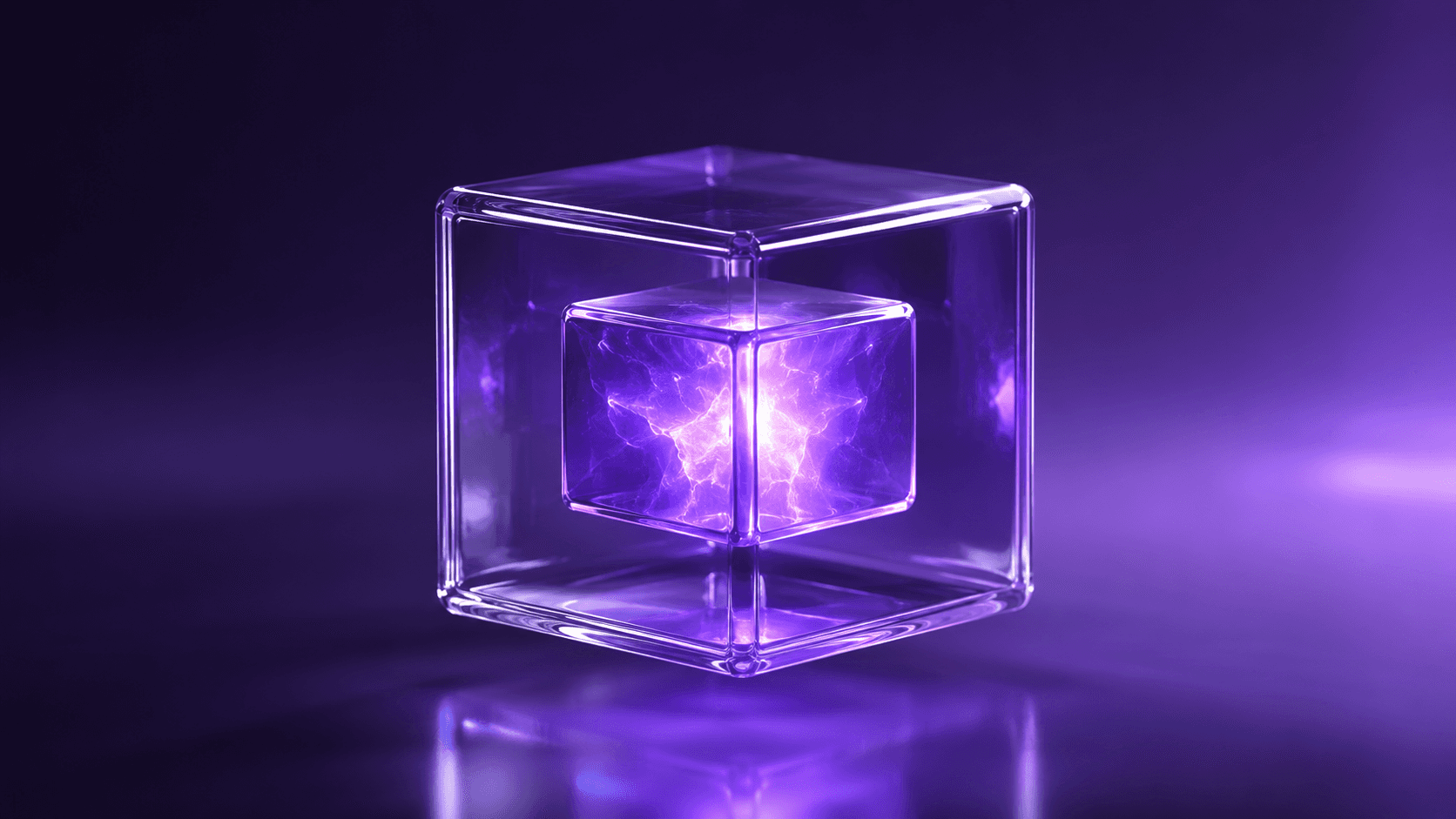 A glowing cube inside a larger glass cube, representing a Windows virtual machine on Mac