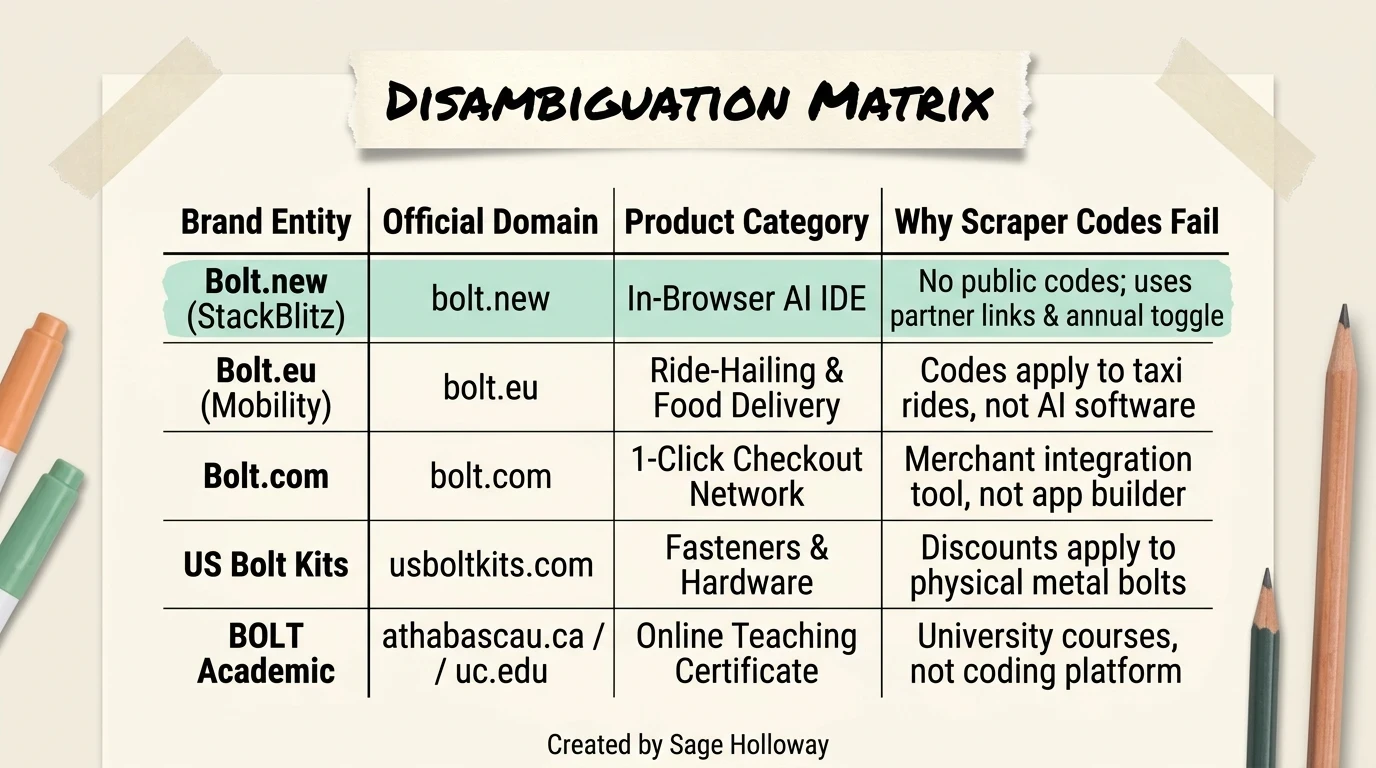 Disambiguation table comparing StackBlitz Bolt.new with Bolt.eu Bolt.com US Bolt Kits and BOLT Academic programs