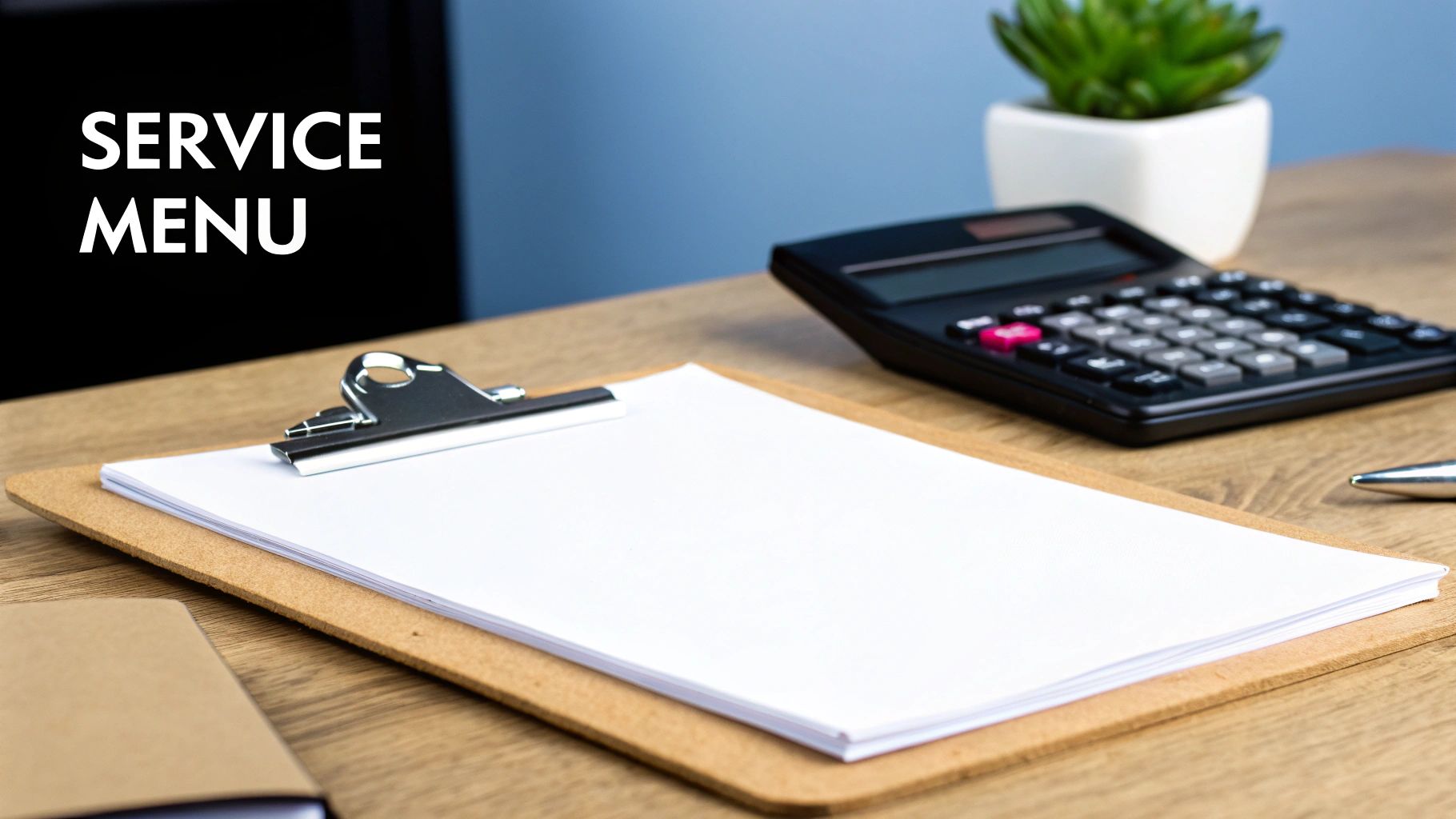 A 'SERVICE MENU' sign next to a clipboard with papers, a calculator, and a plant on a wooden desk.