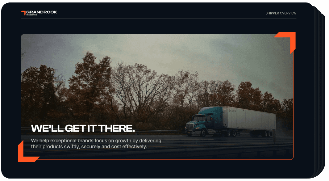 Stack of Grandrock sales slide decks with a photograph of a trailer as the cover.