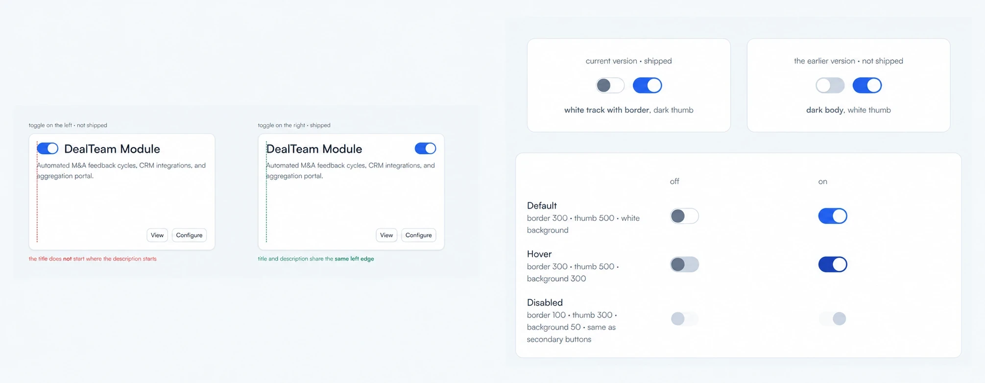 Two studies for the DealTeam module card: toggle placement aligned to the card title and a state specification comparing the shipped off state with an earlier dark-track version.