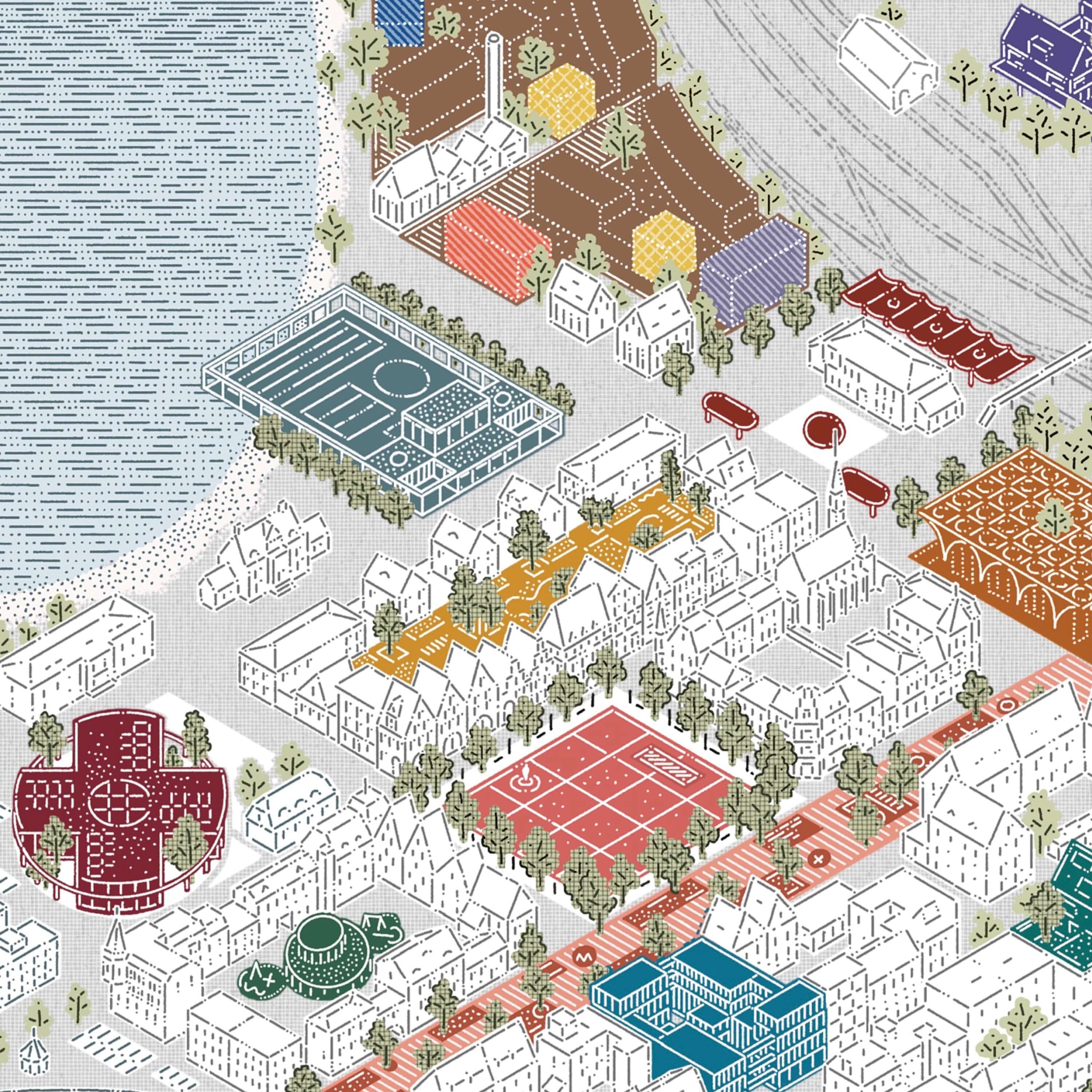 A colorful aerial view of a park layout featuring various geometric flower beds and walking paths near water.