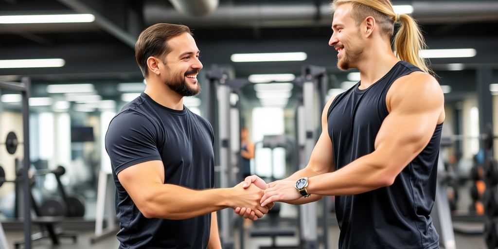 Trainer and client shaking hands in gym