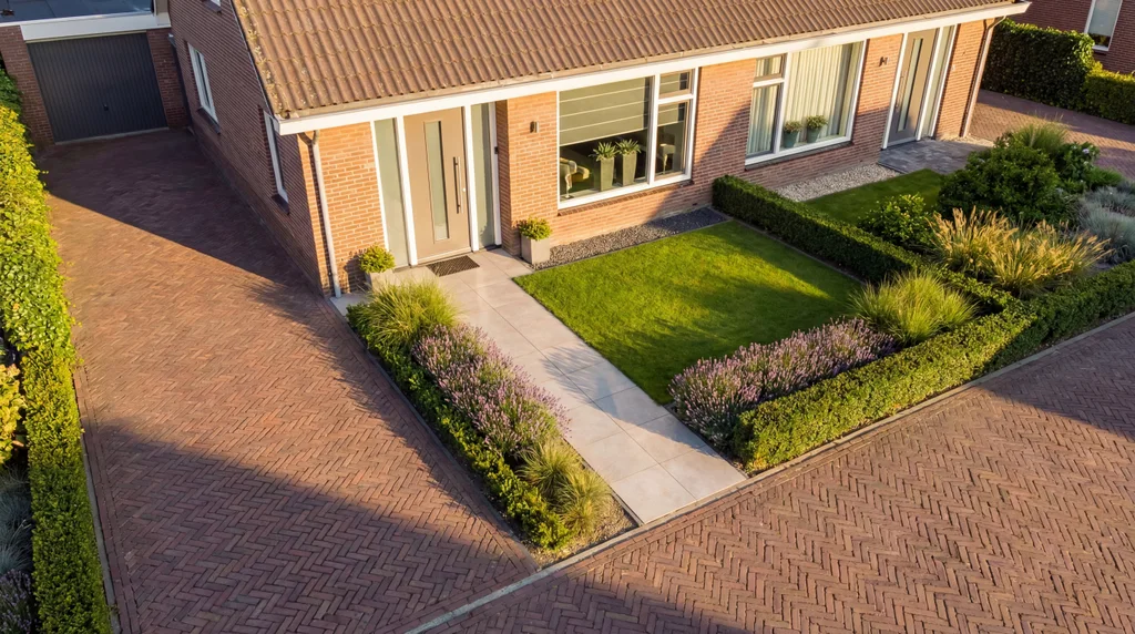 Luchtfoto van een huis met een nette voortuin, groen gazon, en planten. Voortuin grenst aan een stenen oprit.