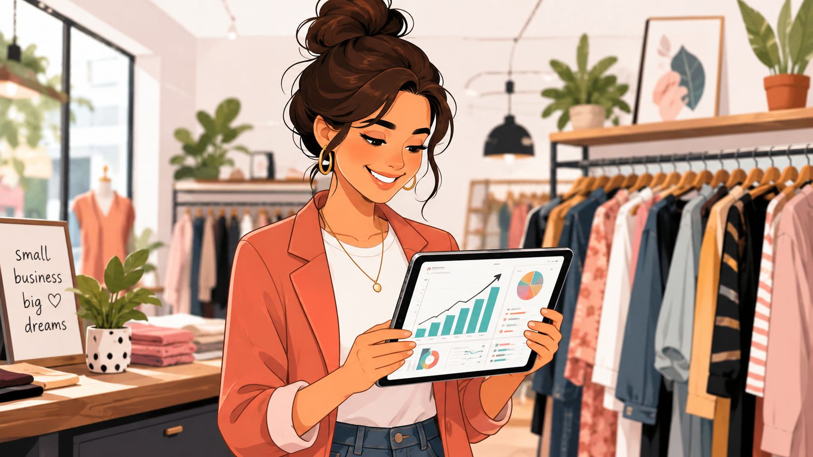 Ilustración de una dueña de negocio analizando métricas de ROI en una tablet dentro de su tienda de ropa.