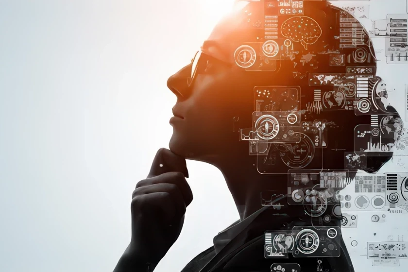 A striking image blending the profile of a person with digital and graphic elements. This represents the synergy between human intellect and the capabilities of artificial intelligence and data analysis, essential for building and empowering successful online communities. Perfect for illustrating the role of technology in enhancing human connections within a platform like SelfCommunity.