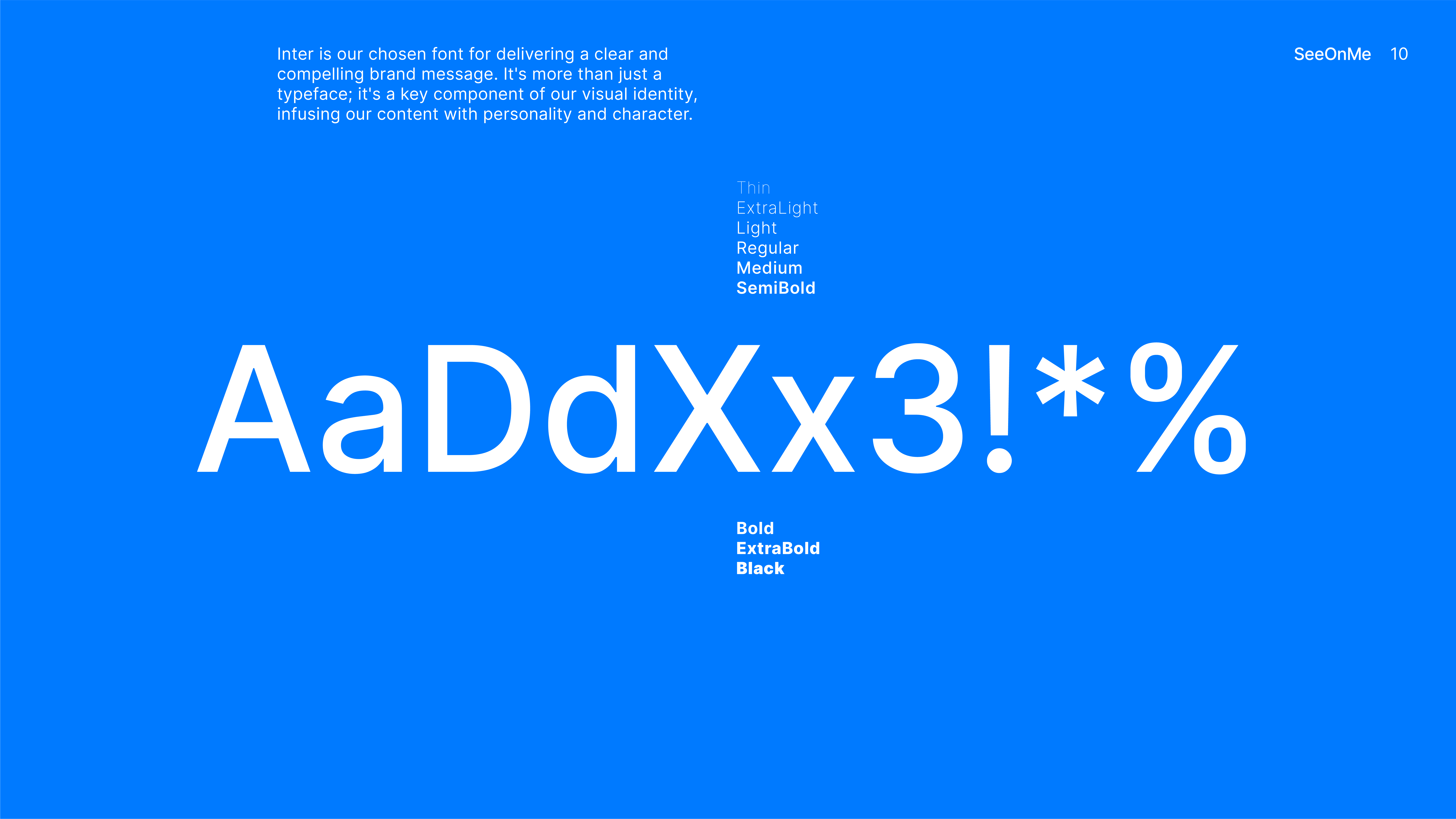 SeeOnMe typography guidelines featuring the Inter typeface across multiple weights, shown in white on the brand’s bright blue background.