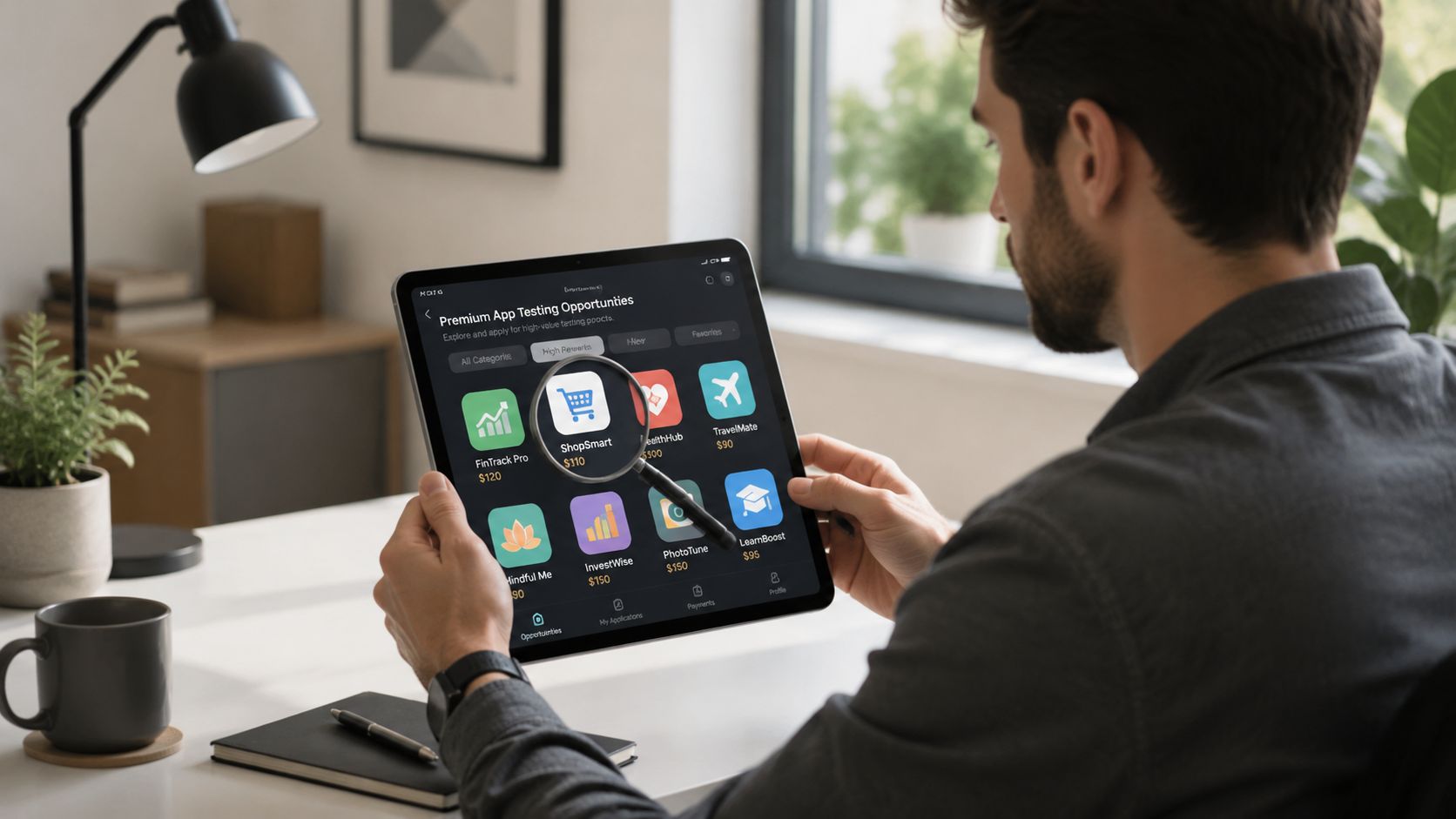 A man using a tablet to explore premium app testing opportunities for high-value rewards in his workspace.