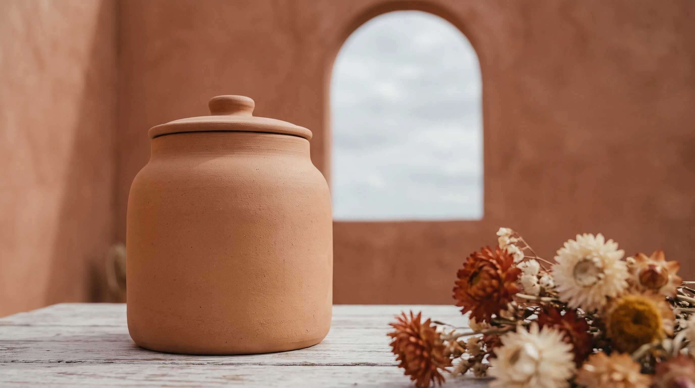 A single sealed terracotta jar alone on a weathered table, an arched opening onto cloudy sky behind it