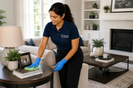 A smiling female professional cleaner wearing a navy blue polo shirt and cap branded with "Brenda's Cleaning," a black apron, and bright blue disposable gloves. She is leaning forward to dust a stack of coffee table books on a dark wood side table using a green microfiber cloth. The setting is a brightly lit, modern living room featuring a beige sofa, a fireplace, and elegant decor.