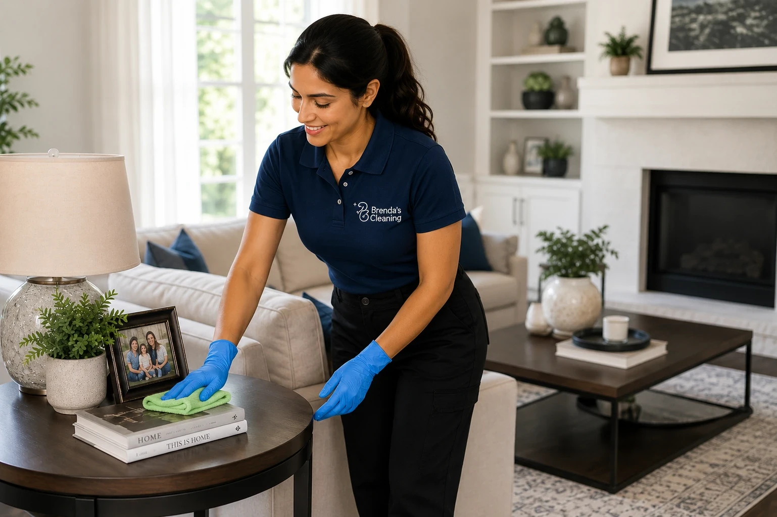 A smiling female professional cleaner wearing a navy blue polo shirt and cap branded with "Brenda's Cleaning," a black apron, and bright blue disposable gloves. She is leaning forward to dust a stack of coffee table books on a dark wood side table using a green microfiber cloth. The setting is a brightly lit, modern living room featuring a beige sofa, a fireplace, and elegant decor.