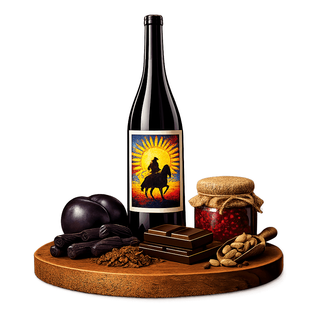 Artistic label and flavor profile for Uruguayan Tannat on a rustic wooden table.