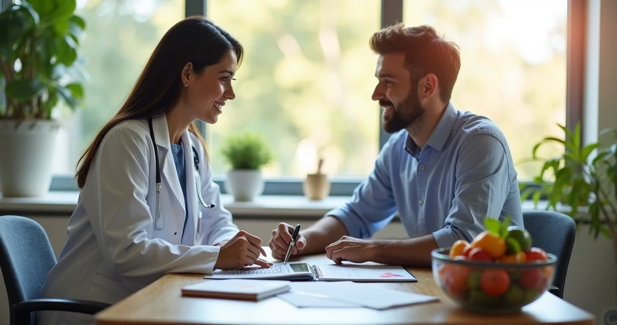 Nutricionista em mesa branca utilizando tablet para acompanhar plano alimentar de paciente 