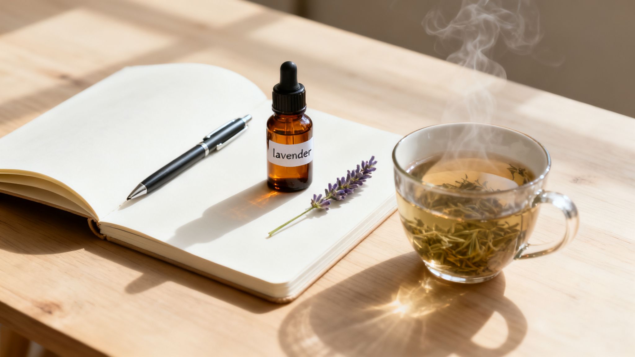 A notebook, lavender essential oil, fresh lavender, and steaming herbal tea on a wooden table.