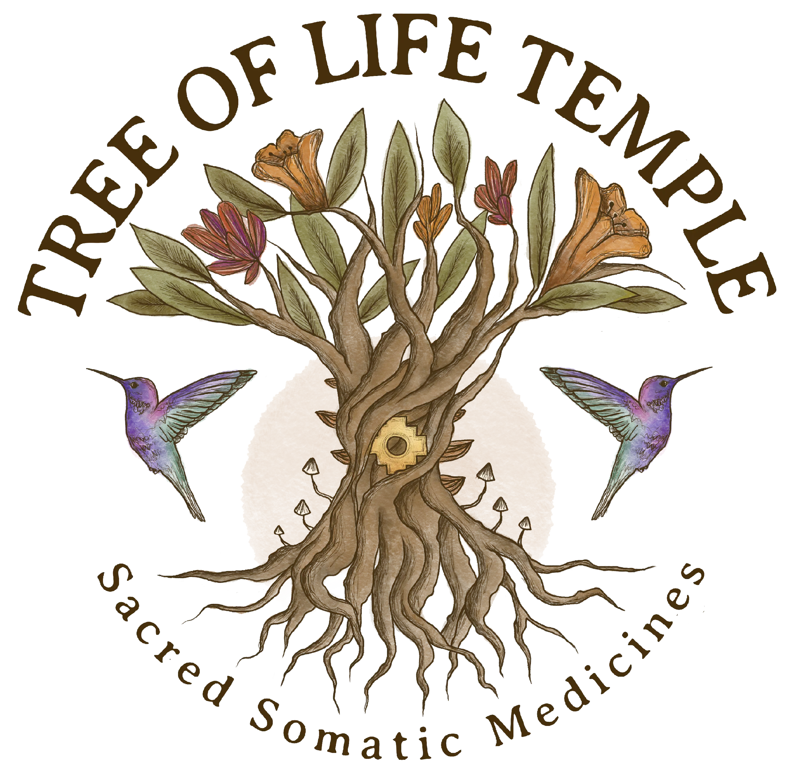 Tree of Life Temple sacred tree illustration with hummingbirds and tropical flowers