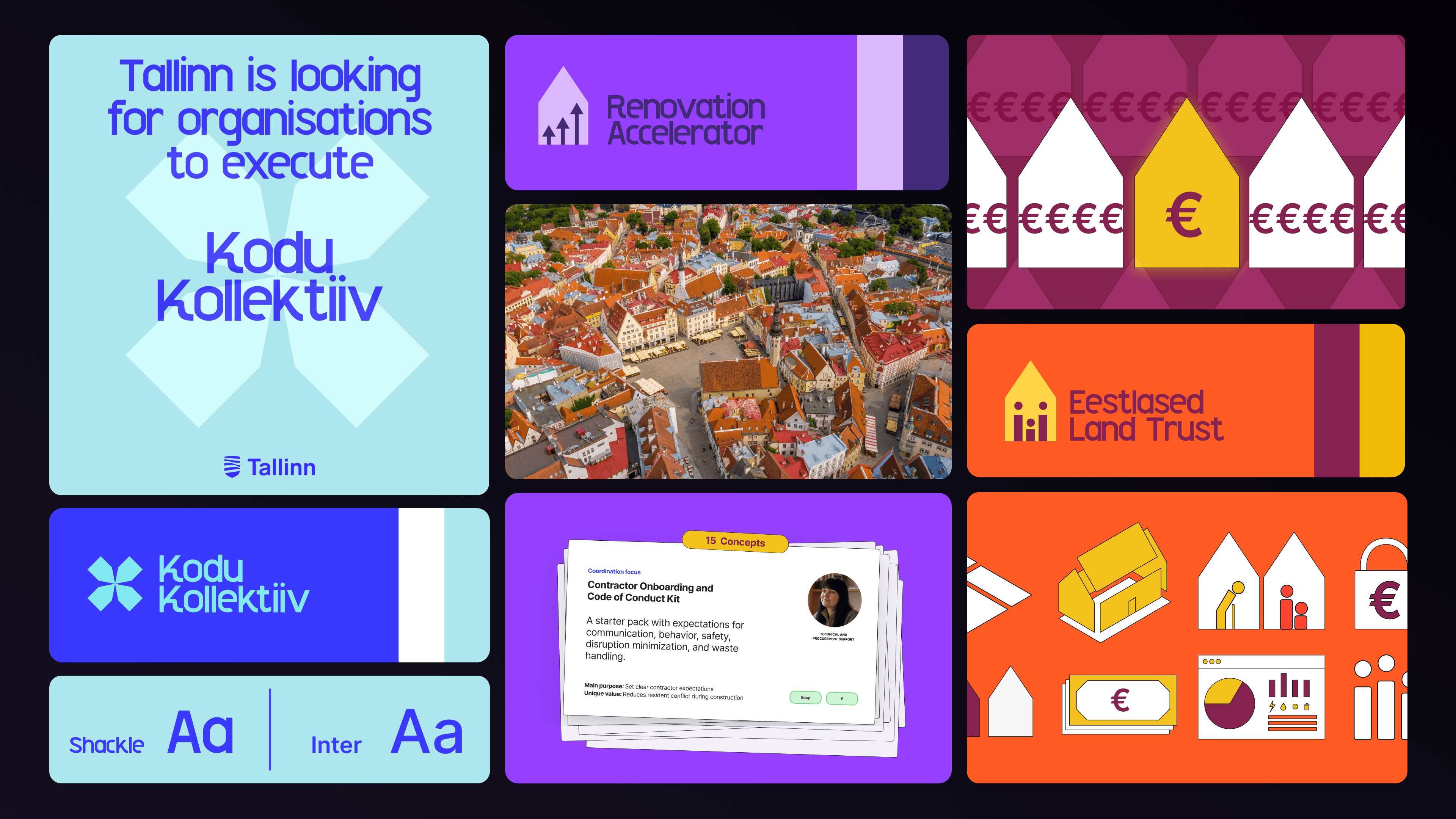 A cohesive visual language across three distinct interventions — Kodu Kollektiiv, Renovation Accelerator, and Eestlased Land Trust — each with its own identity, colour palette, and iconography, unified under a shared design system.