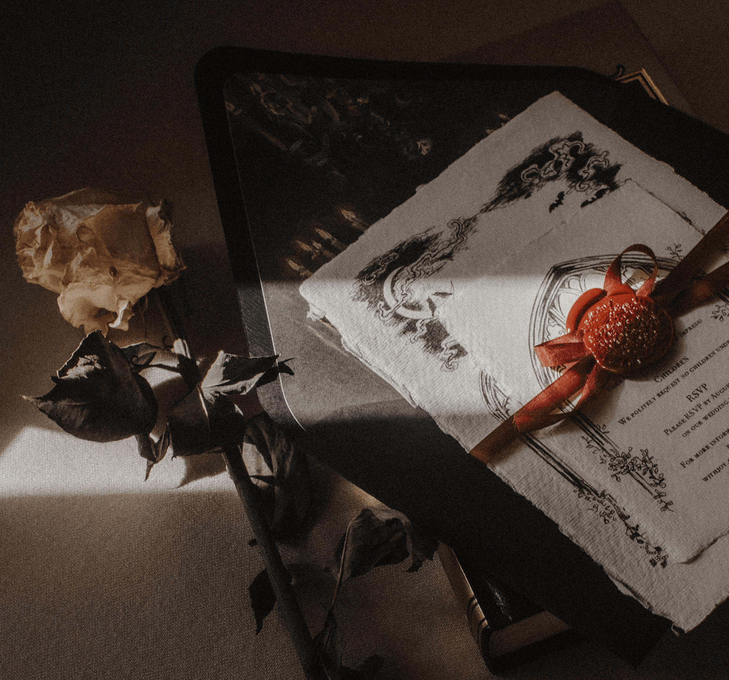 Moody, vintage, Dracula - inspired wedding invitations for a wedding in LA.