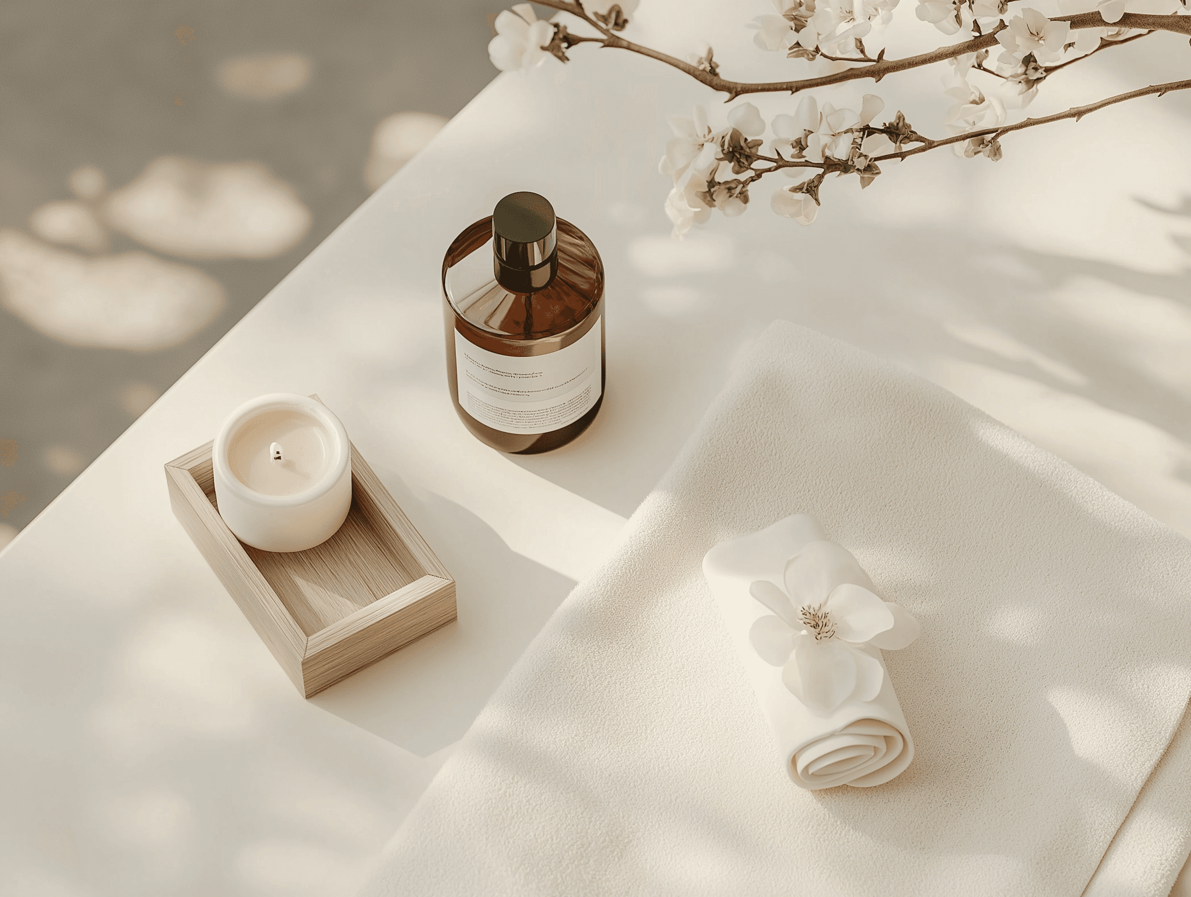 Minimalist spa setup with a candle, brown glass bottle, rolled towel, and white flowers on a neutral surface. Perfect for relaxation vibes.