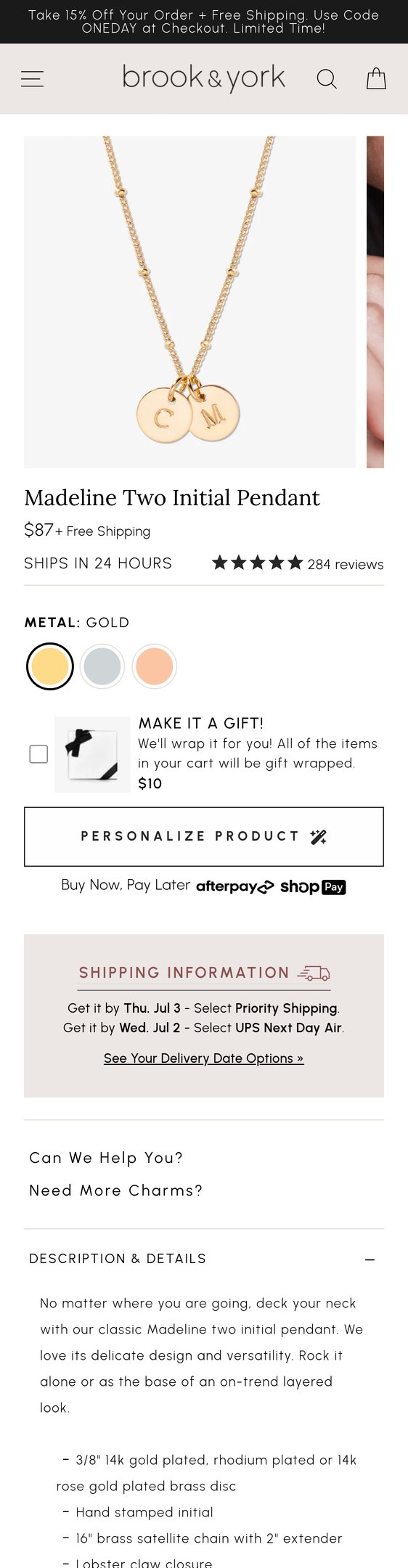 Jewelry product options include: necklace, pendant for Madeline Two Initial Pendant from Brook & York.