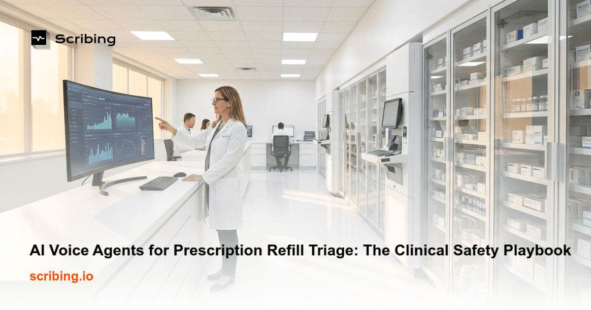 Illustration representing AI voice agents managing prescription refill triage and medication safety checks in a pharmacy setting