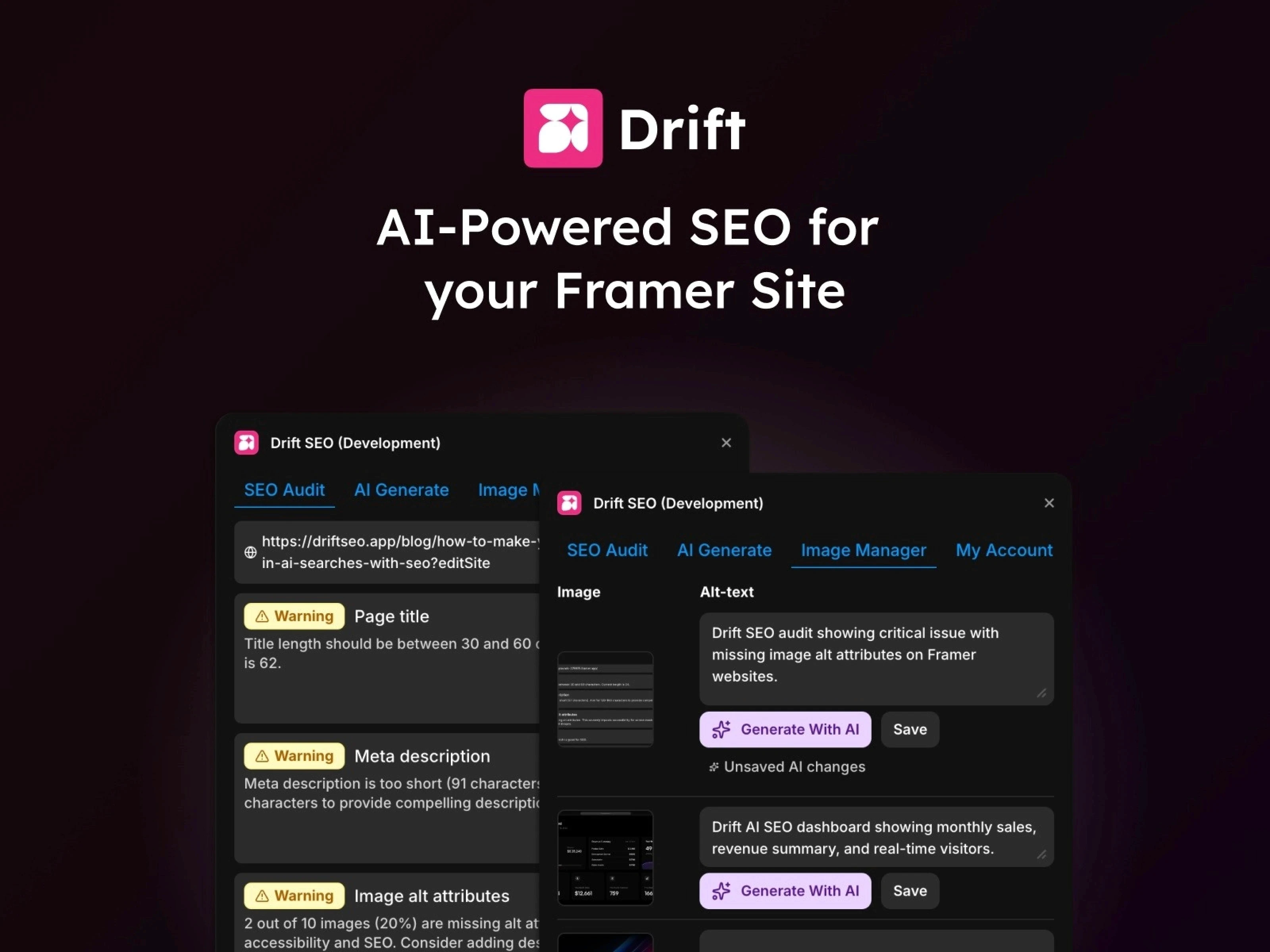 The Drift SEO screen shows multiple windows of the AI-based SEO analysis tool, Drift, on a dark background.
