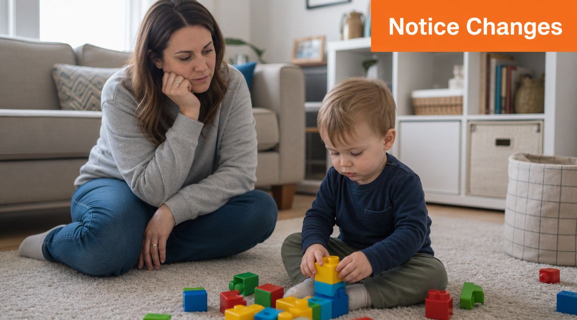 A concerned mother watches her toddler playing with colorful plastic building blocks on the floor.