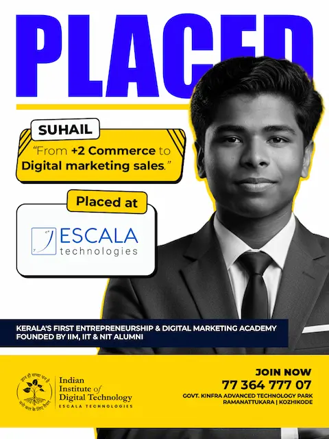 Student Placement banner for Entrepreneurship and Digital Marketing Course with 100% placement guarantee.