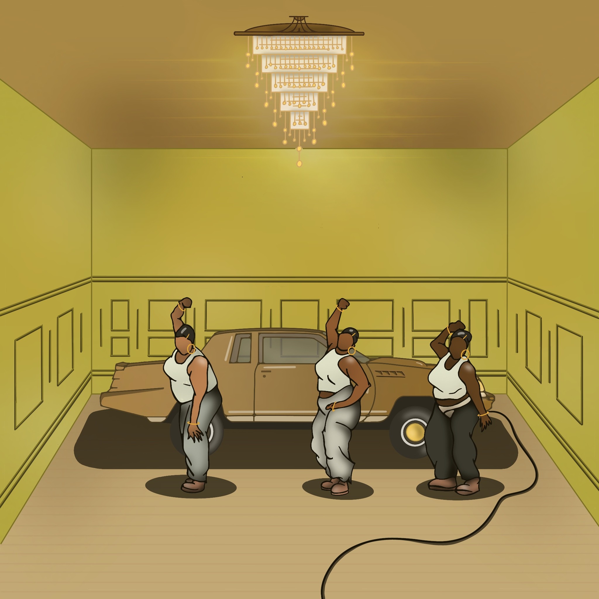 Illustration of Kendrick Lamar's "Squabble Up" video--dancing women in front of GNX car.