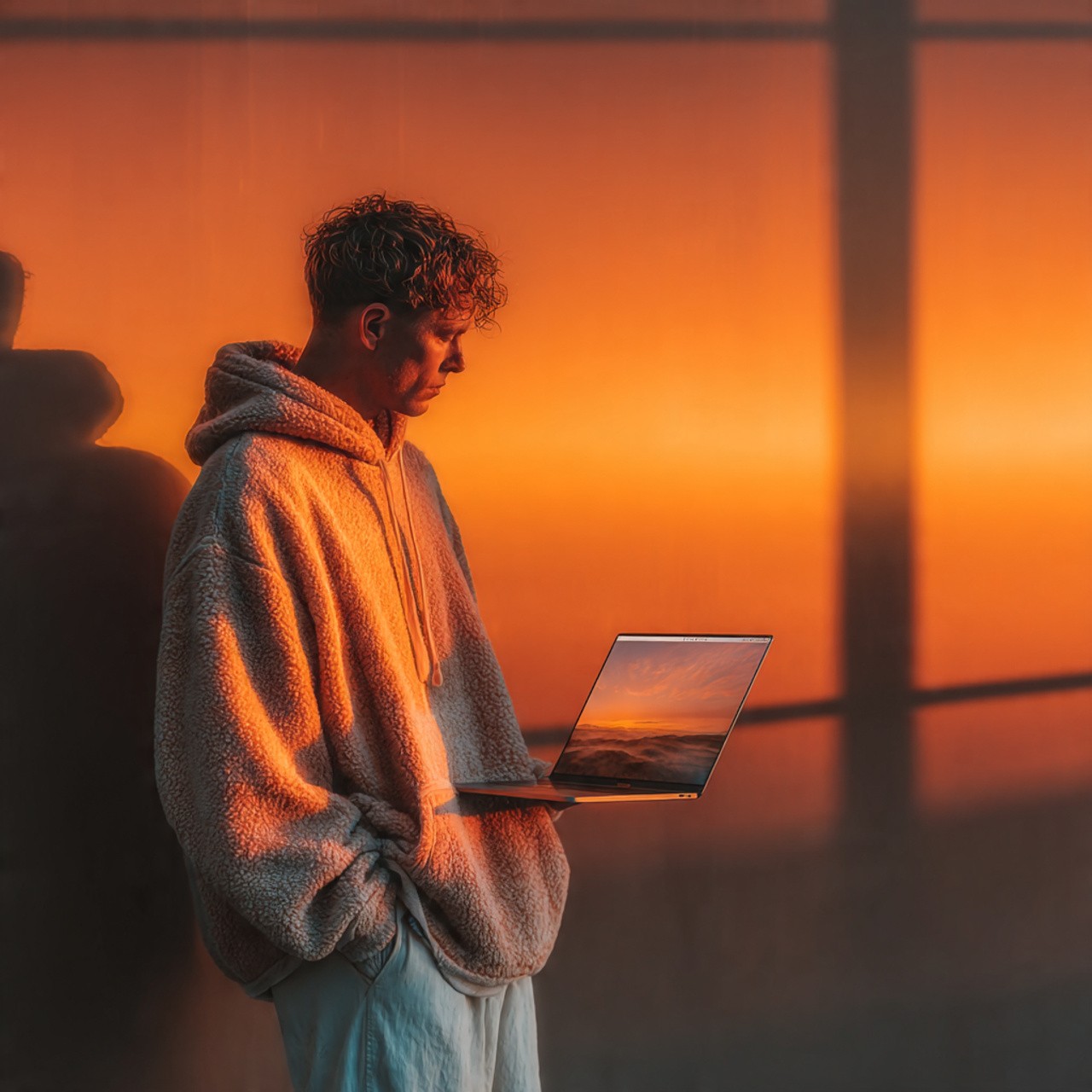 A person in a cozy hoodie holds a laptop, standing against a warm, orange sunset-lit wall. The scene conveys calm and focus