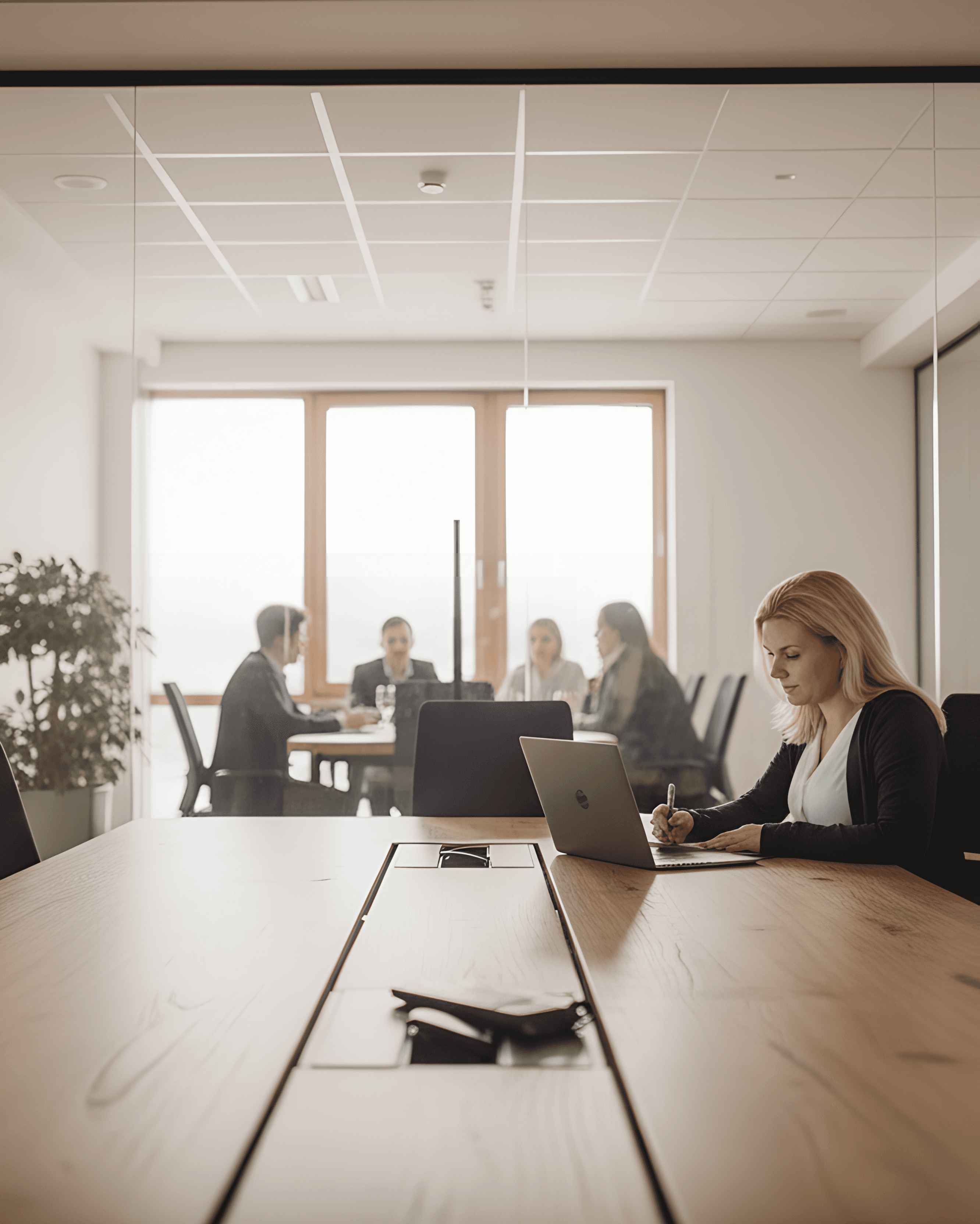 HR-Beraterin am Schreibtisch mit sichtbarem Teammeeting, die Expertise in Employer Branding und Recruiting demonstriert