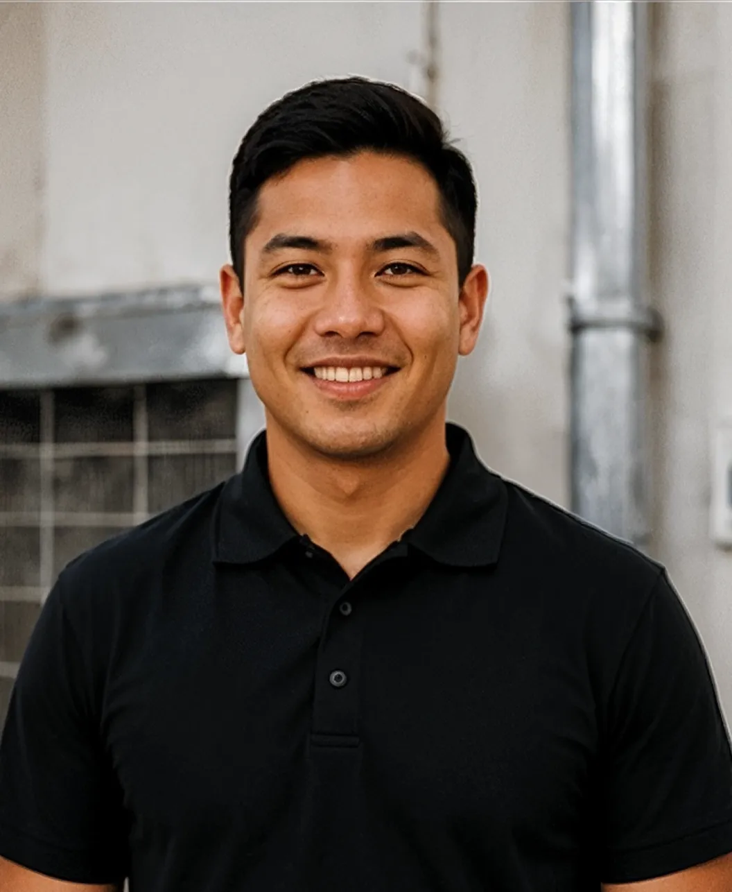 Smiling Asian male technician posing in a clean black polo shirt at a commercial work site.