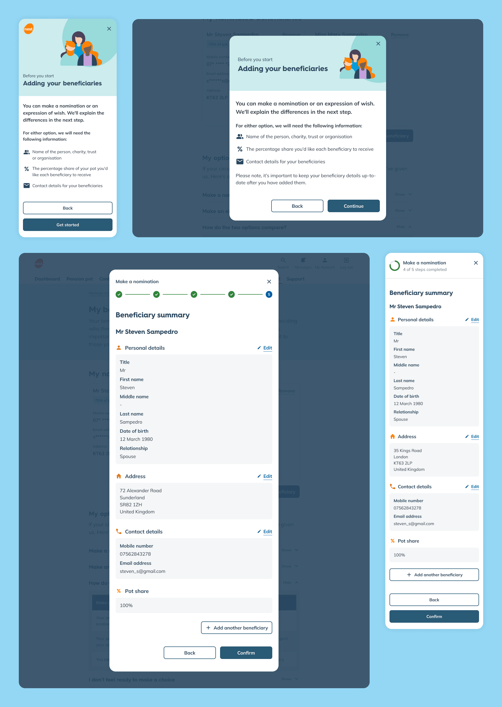 Beneficiary setup flow with the 'Before you start' and summary screens 