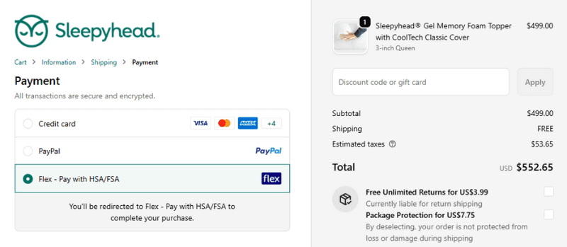 Checkout mattress store using Flex