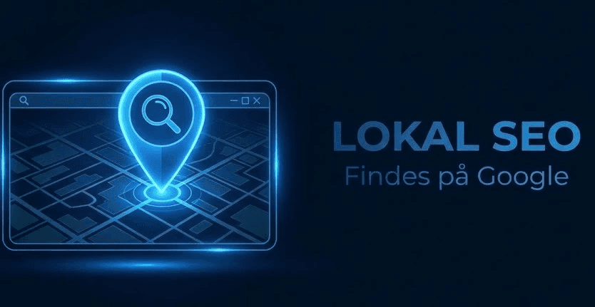 Grafisk illustration af et digitalt kort med en lysende blå lokationsnål og et søgeikon, der symboliserer Lokal SEO og synlighed i Google-søgninger.
