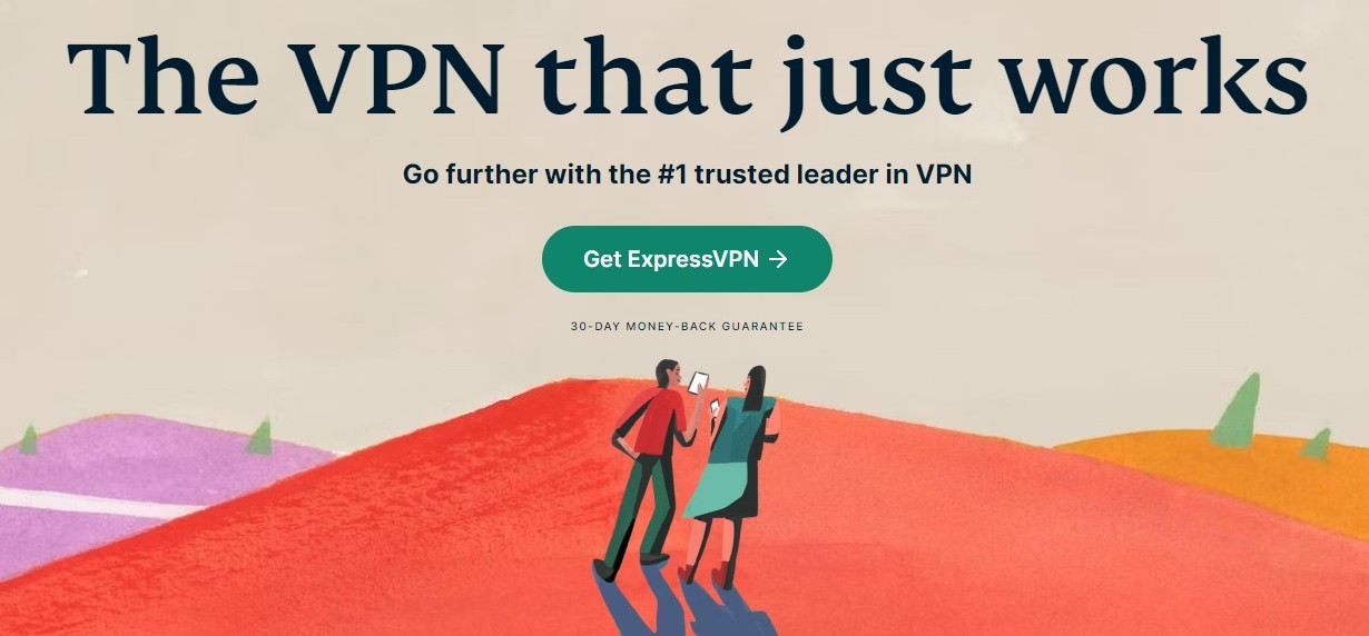 Express VPN’s landing page in vibrant colors like orange, and purple with vectors of a young man and women on their phones.